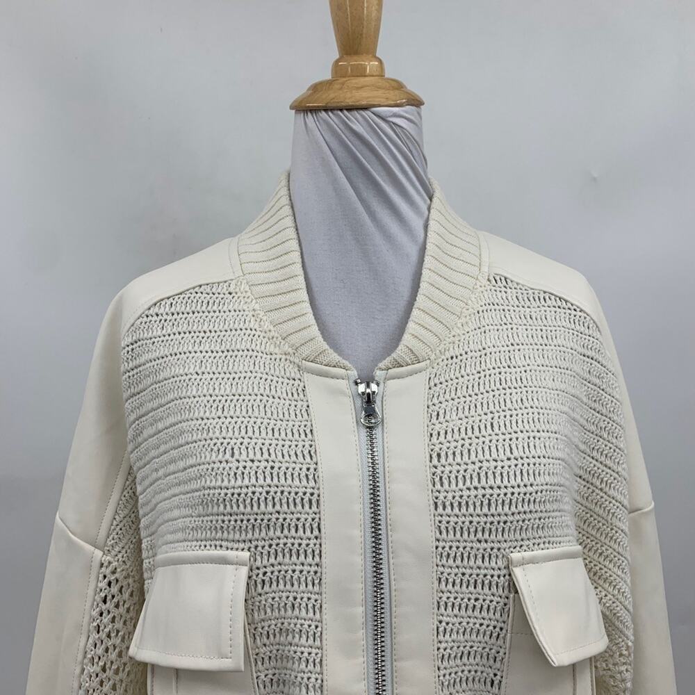 Anthropologie Cardigan Womens M Medium Cream Crochet Bomber Faux Leather Panels - Picture 3 of 14
